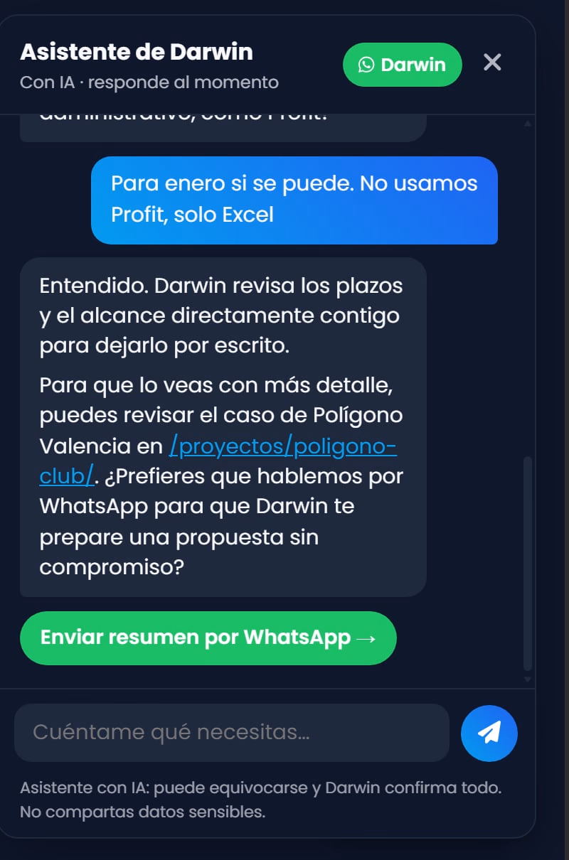 El asistente en escritorio, con el botón para enviar el resumen por WhatsApp