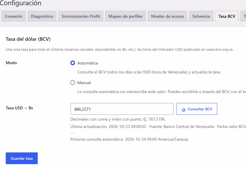 Configuración de la tasa BCV automática