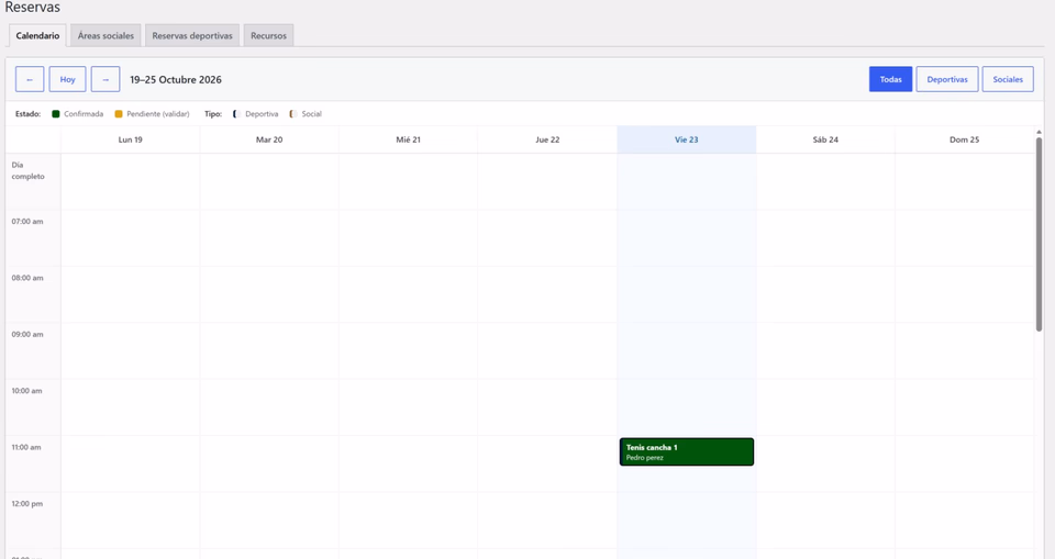 Calendario de reservas en el panel de administración