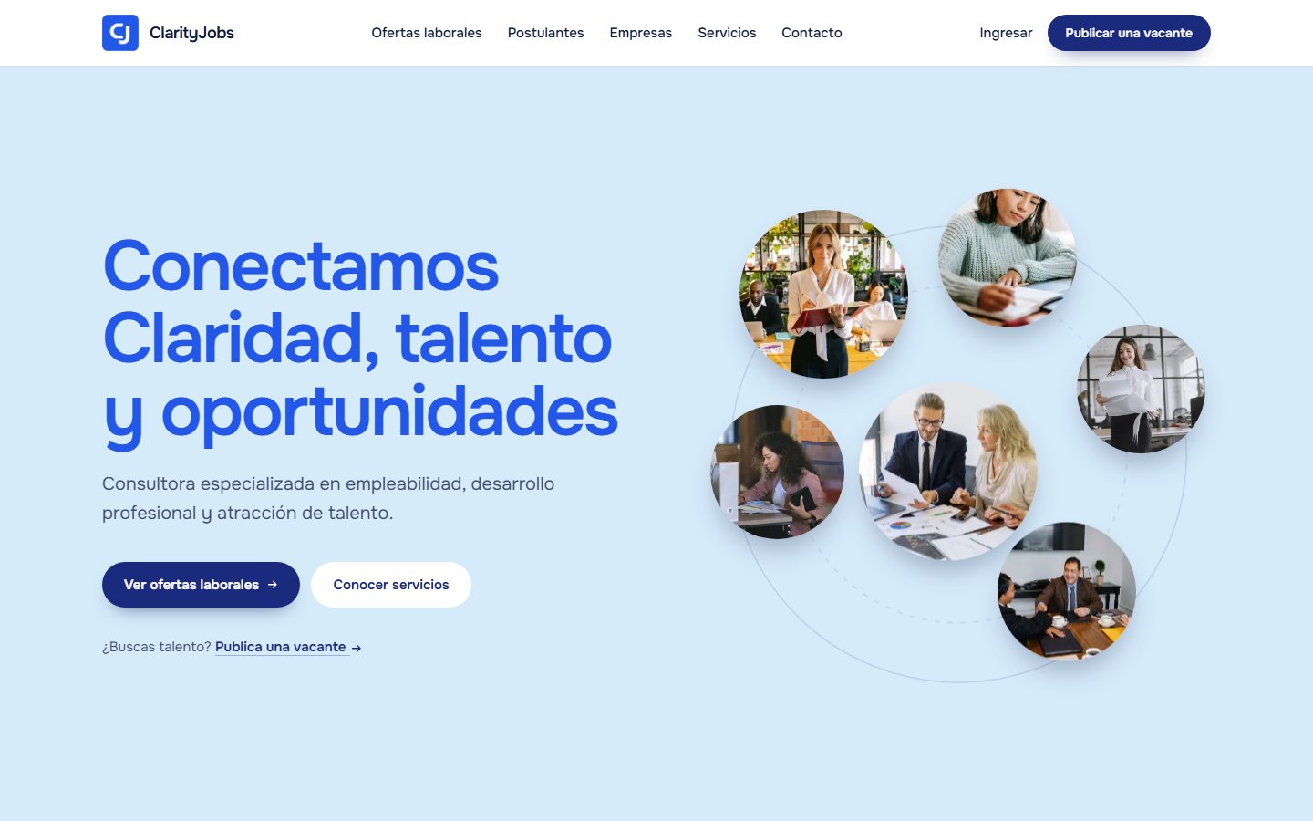 Captura de pantalla del proyecto ClarityJobs - Web para una consultora de empleabilidad y atracción de talento, con ofertas laborales y publicación de vacantes.