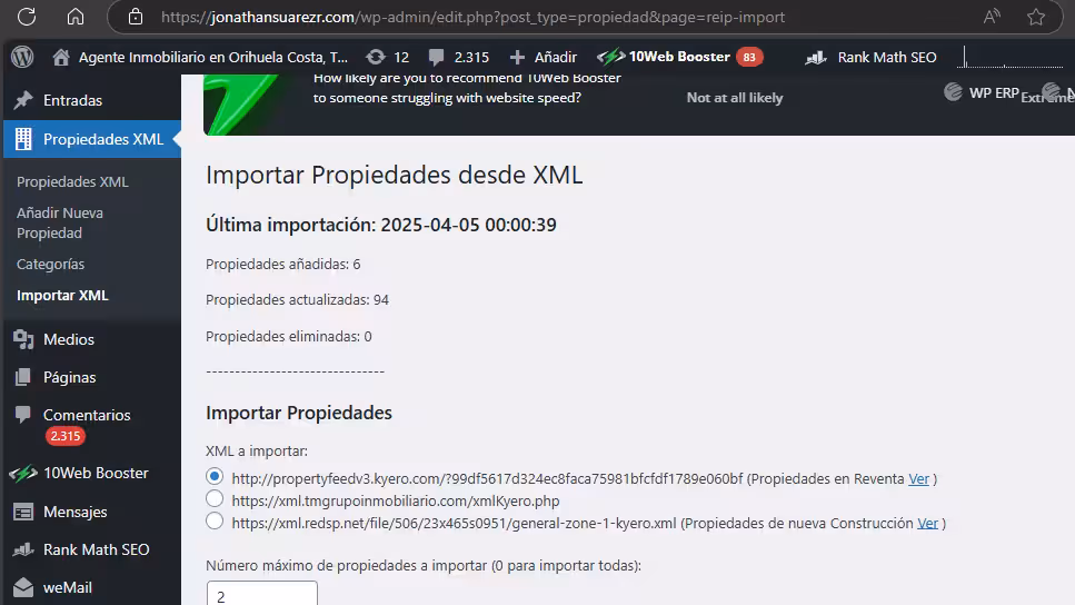 Captura de pantalla del proyecto Plugin de WordPress para auto importar propiedades desde fuentes XML - Importa automaticamente propiedades de diferentes fuentes XML, con un sistema de filtrado y búsqueda avanzada.