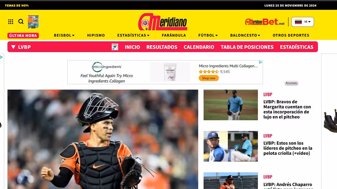 Captura de pantalla del proyecto meridiano.net - Web de noticias deportivas. Desarrollo y mantenimiento durante varios años (proyecto ya actualizado por terceros).