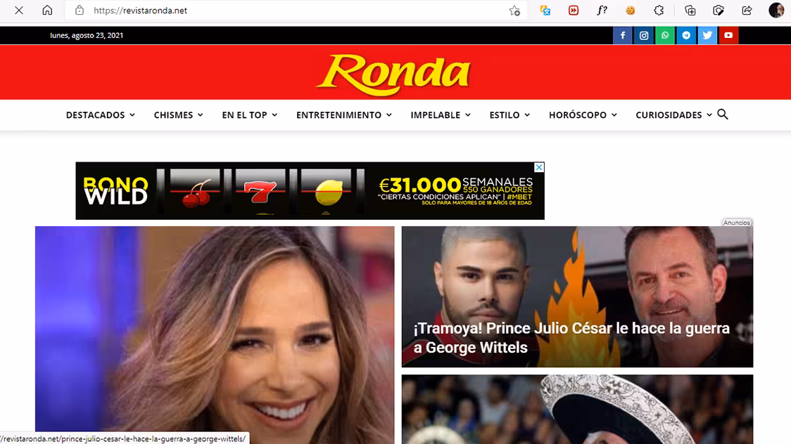 Captura de pantalla del proyecto Revista Ronda - Web de noticias de farándula. Mantenimiento, desarrollo (backend) y administración general durante mucho tiempo. El sitio ya no está en línea.