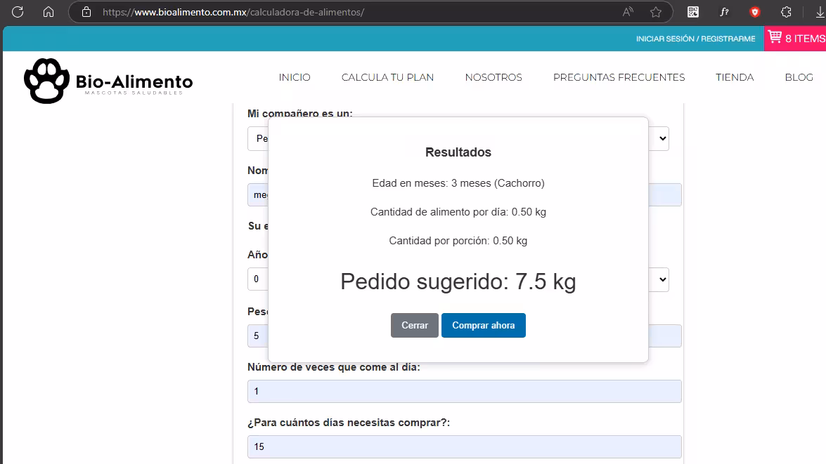 Captura de pantalla del proyecto Plugin de WordPress/WooCommerce - Sugiere la comida y cantidad adecuada para una mascota, basándose en un formulario, y genera un carrito de compra con estos productos.