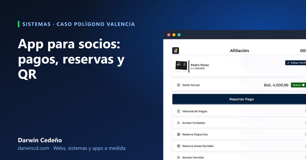 Portada: App para socios de un club, con captura de la app de socios de Polígono Valencia: saldo, reportar pago y reservas