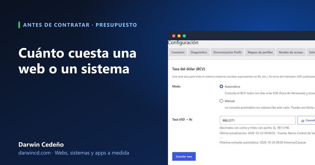 Portada: Cuánto cuesta una web o un sistema, con captura de la configuración de la tasa BCV en el sistema de Polígono Valencia