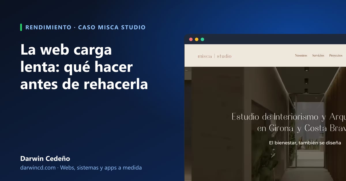 Portada: La web carga lenta, con captura de la web optimizada de Misca Studio