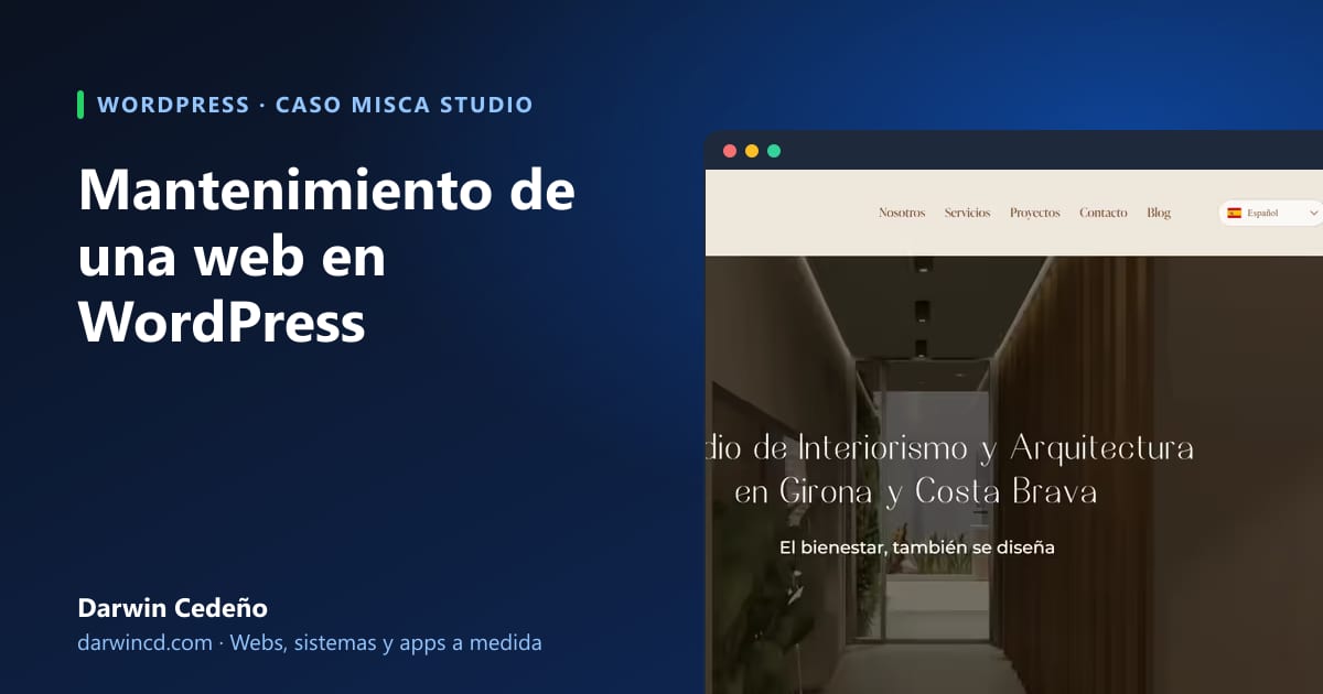 Portada: Mantenimiento de una web en WordPress, con captura de la web de Misca Studio