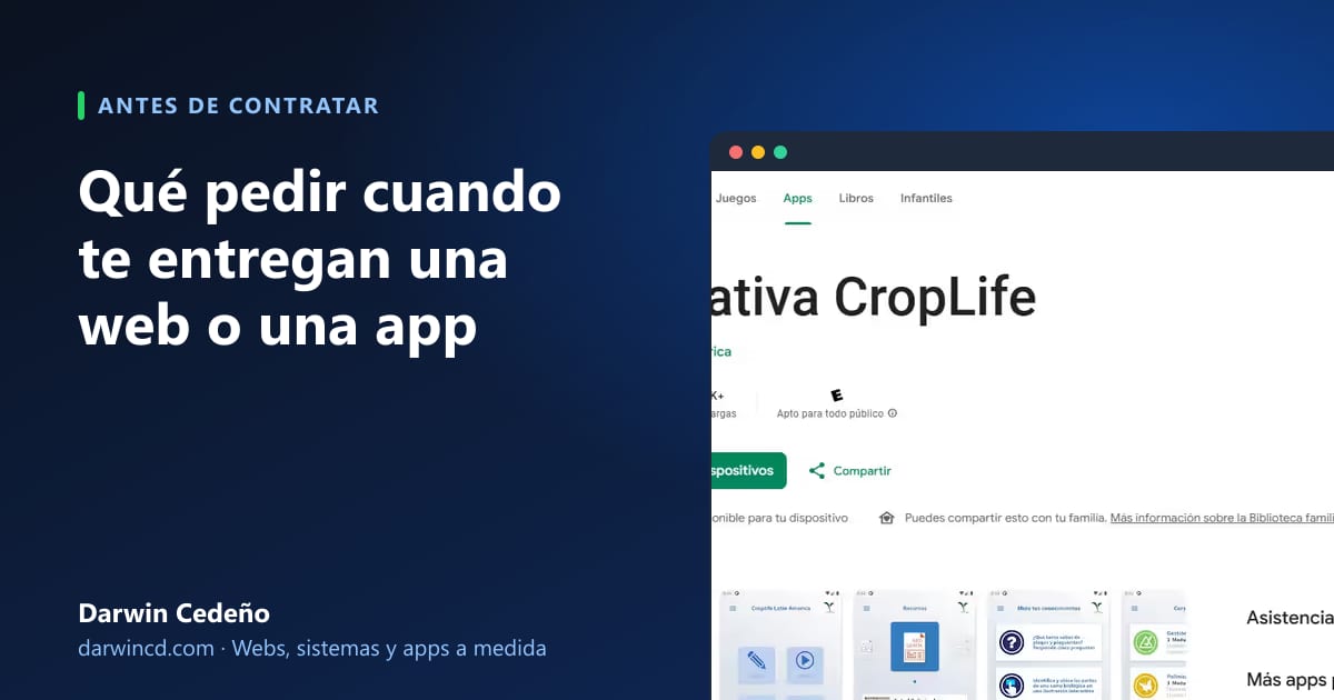 Portada: Qué pedir cuando te entregan una web o una app, con captura de la app CropLife en Google Play