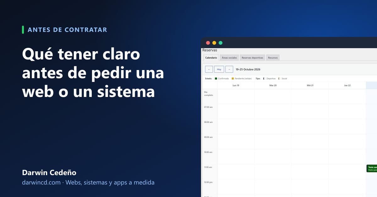Portada: Qué tener claro antes de pedir una web o un sistema, con captura del sistema de reservas de Polígono Valencia